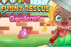 Farebná ilustrácia s textom Funny Rescue Gardener a dievčaťom s blond vrkočmi a záhradníckou výbavou na pozadí plotu a trávy