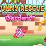 Farebná ilustrácia s textom Funny Rescue Gardener a dievčaťom s blond vrkočmi a záhradníckou výbavou na pozadí plotu a trávy