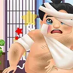 Postava v tradičnom prostredí so zraneniami a obväzmi na tele, na pozadí sú farebné hviezdičky a tradičné japonské dekorácie