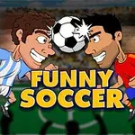 Dve kreslené postavy hrajúce futbal čelami k sebe s loptou medzi nimi na farebnom pozadí s nápisom Funny Soccer