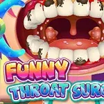Otvorená ústna dutina zobrazujúca zuby so zadným hrdlom s ilustrovanými problémami a textom „Funny Throat Surgery“ v popredí
