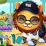 Lev v šiltovke a okuliaroch v prostredí zoo s nástrojmi v popredí