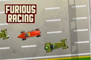 Pohľad zhora na tri pretekárske autá na závodnej dráhe s nápisom Furious Racing