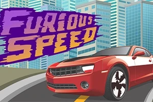 Červené športové auto na ceste pred mestskou panorámou s nápisom Furious Speed