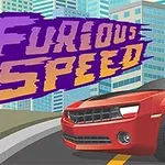 Červené športové auto na ceste pred mestskou panorámou s nápisom Furious Speed