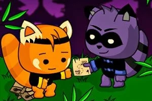 Dve animované zvieratká, oranžová panda a fialový mýval, si v noci na trávniku podávajú mapu