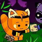 Dve animované zvieratká, oranžová panda a fialový mýval, si v noci na trávniku podávajú mapu