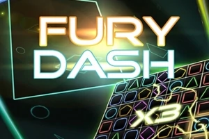 Farebné geometrické tvary s výrazným textom Fury Dash a efektmi svetelných línií na tmavom pozadí
