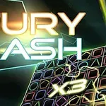 Farebné geometrické tvary s výrazným textom Fury Dash a efektmi svetelných línií na tmavom pozadí