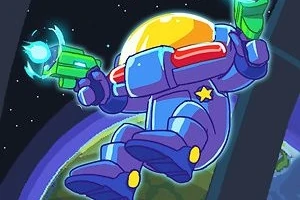 Astronaut v modrofialovom obleku s prilbou a zelenou zbraňou v ruke, vznášajúci sa vo vesmíre s výhľadom na Zem