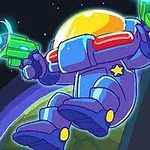 Astronaut v modrofialovom obleku s prilbou a zelenou zbraňou v ruke, vznášajúci sa vo vesmíre s výhľadom na Zem