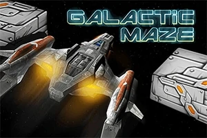 Vesmírna loď s oranžovými svetlami letí medzi kovovými kockami s nápisom Galactic Maze na čiernom pozadí