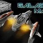 Vesmírna loď s oranžovými svetlami letí medzi kovovými kockami s nápisom Galactic Maze na čiernom pozadí