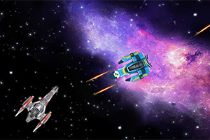 Dve vesmírne lode letia vo farebnej galaxii plnej hviezd