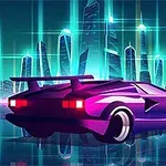 Futuristické fialové auto so spojlerom na ceste pred mestskou panorámou s vysokými, žiariacimi mrakodrapmi
