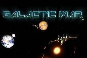 Vesmírna scéna s dvoma futuristickými kozmickými loďami a planétami na tmavom pozadí s nápisom GALACTIC WAR