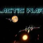 Vesmírna scéna s dvoma futuristickými kozmickými loďami a planétami na tmavom pozadí s nápisom GALACTIC WAR
