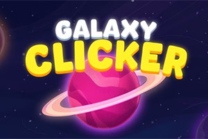 Farebná planéta s prstencami na tmavom pozadí s nápisom Galaxy Clicker