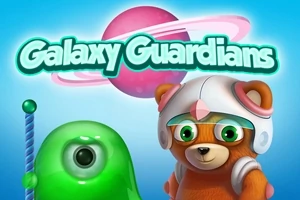 Medvedík v bielej prilbe stojí vedľa zeleného mimozemšťana s jedným okom, v pozadí je ružová planéta s prsteňom a textom Galaxy Guardians