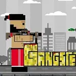 Dvaja pixelovaní postavičky ozbrojené zbraňami stojace proti sebe s nápisom Gangsters medzi nimi na pozadí mestského prostredia