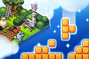 Záhrada s lavičkou, sochou a náradím vľavo, vpravo farebné bloky na modrom nebi s oblakmi