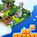 Záhrada s lavičkou, sochou a náradím vľavo, vpravo farebné bloky na modrom nebi s oblakmi