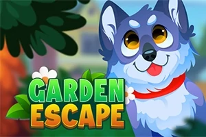 Ilustrácia rozprávkového psa s veľkými očami a červeným obojkom vedľa nápisu Garden Escape s kvetinami a listami