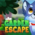 Ilustrácia rozprávkového psa s veľkými očami a červeným obojkom vedľa nápisu Garden Escape s kvetinami a listami