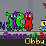 Päť pixelovaných postavičiek v rôznych farbách na sivom pozadí s nápisom Garten of Banban Obby v spodnej časti