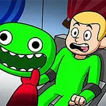Animovaná postava s blond vlasmi v zelenom obleku sedí v kresle a vystrašene sleduje červenú postavu držiacu zelenú masku s veľkými očami a zubami