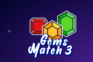 Tri rôzne farebné drahokamy na tmavofialovom pozadí s názvom Gems Match 3
