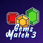 Tri rôzne farebné drahokamy na tmavofialovom pozadí s názvom Gems Match 3