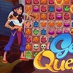 Dvaja kreslení postavy stojace po bokoch mriežky s farebnými symbolmi a logom „Genie Quest“