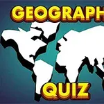 Mapa sveta so slovami Geography Quiz žiarivo nad a pod ňou na modrom pozadí