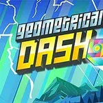 Farebná kocka letiaca cez geometrickú krajinu pod názvom Geometrical Dash