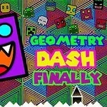 Fialový štvorec s tvárou, modrými očami a otvorenými ústami na farebnom a vzorovanom pozadí s textom GEOMETRY DASH FINALLY