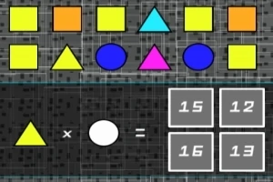 Farebný vzor so žltými, modrými a ružovými geometrickými tvarmi nad matematickou úlohou s odpoveďami