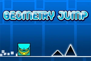 Modrá pozadie s nápisom Geometry Jump a farebným štvorecom vedľa čiernych trojuholníkov