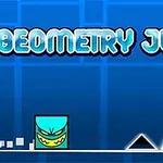 Modrá pozadie s nápisom Geometry Jump a farebným štvorecom vedľa čiernych trojuholníkov