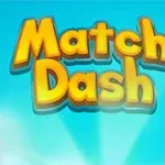 Žlté a oranžové 3D písmo Match Dash na modrom pozadí s rozjasňujúcimi efektami