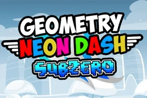 Hravé farebné logo s nápisom Geometry Neon Dash Subzero na modrom pozadí s oblakmi