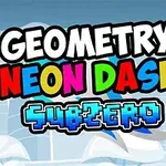Hravé farebné logo s nápisom Geometry Neon Dash Subzero na modrom pozadí s oblakmi