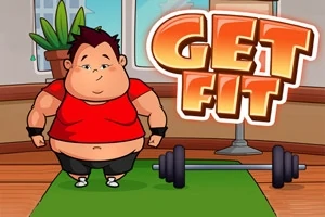 Karikatúra chlapca v červenom tričku a čiernych šortkách stojaceho na zelenom koberci vedľa činky s nápisom „GET FIT“ v pozadí