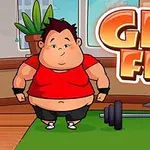 Karikatúra chlapca v červenom tričku a čiernych šortkách stojaceho na zelenom koberci vedľa činky s nápisom „GET FIT“ v pozadí