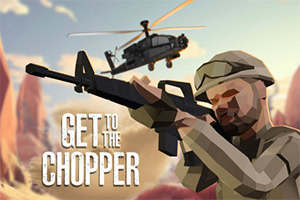 Vojak s puškou zameriava v púštnej krajine, v pozadí letí vrtuľník a text Get to the Chopper
