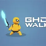 Žltá postavička drží modrý svietiaci meč vedľa nápisu GHOST WALKER na modrom pozadí