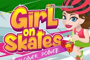 Ilustrácia farebného textu Girl on Skates so ženou v prilbe, držiacou kvety, na pozadí s dynamickými líniami