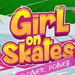 Ilustrácia farebného textu Girl on Skates so ženou v prilbe, držiacou kvety, na pozadí s dynamickými líniami