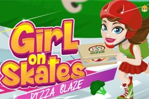 Dievča v červenej prilbe na korčuliach nesie pizzu s nápisom Girl on Skates Pizza Blaze