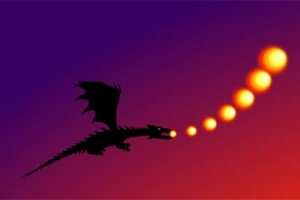 Silueta draka letiaceho na purpurovom pozadí s ohnivými guľami vychádzajúcimi z papule